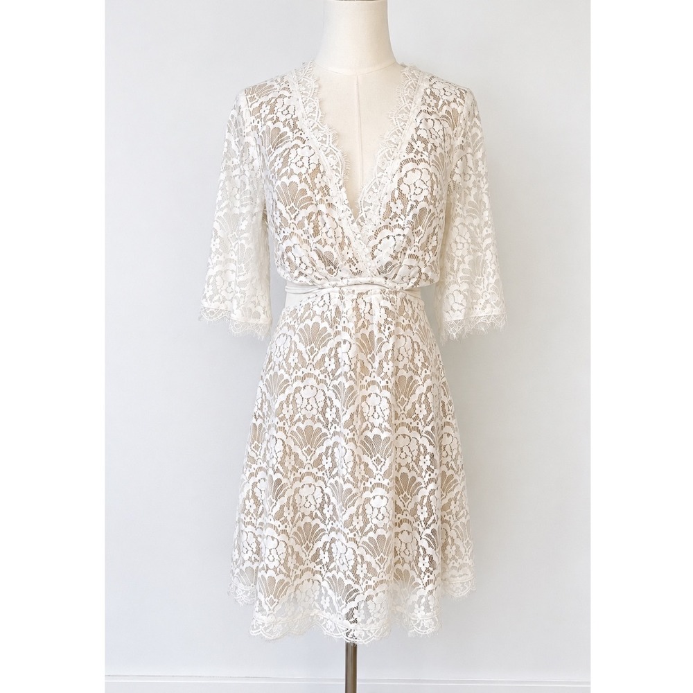 Lace V-Neck Mini Dress in Ivory